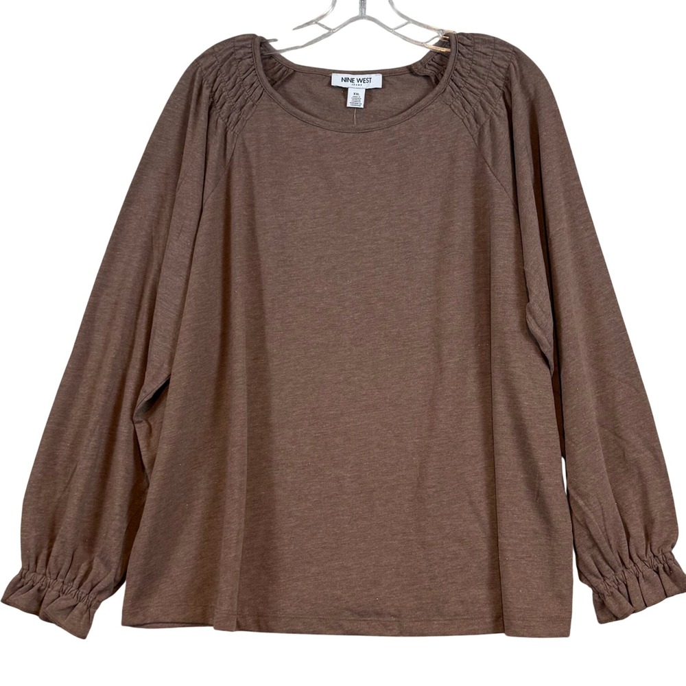 NWT Nine West Jeans Shimmer Long Sleeve Top Brown Gold Sparkle XXL Boho Office